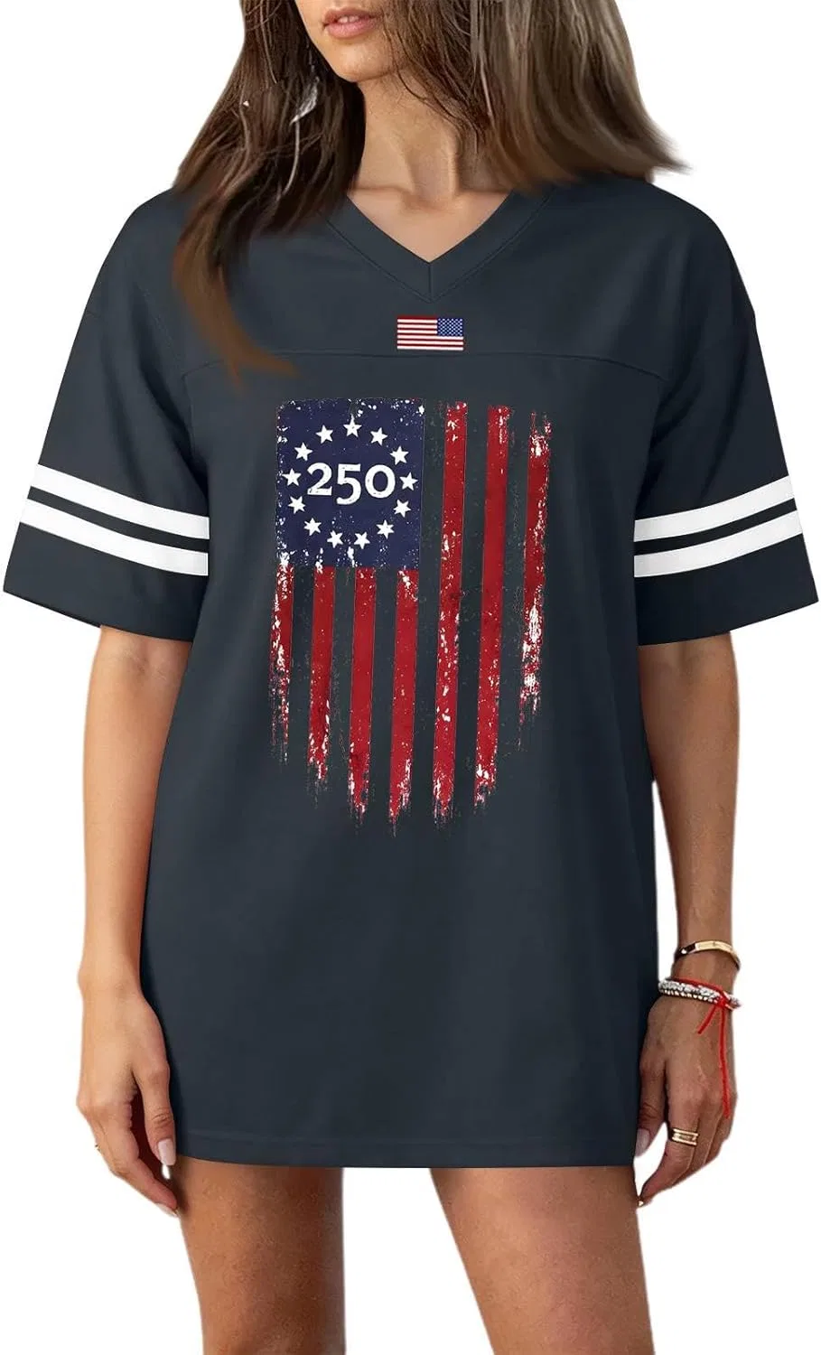 Generic Женская свободная рубашка American Apparel USA, красно-бело-синяя, ко Дню независимости США, с V-образным вырезом и коротким рукавом, спортивная одежда — фото 2