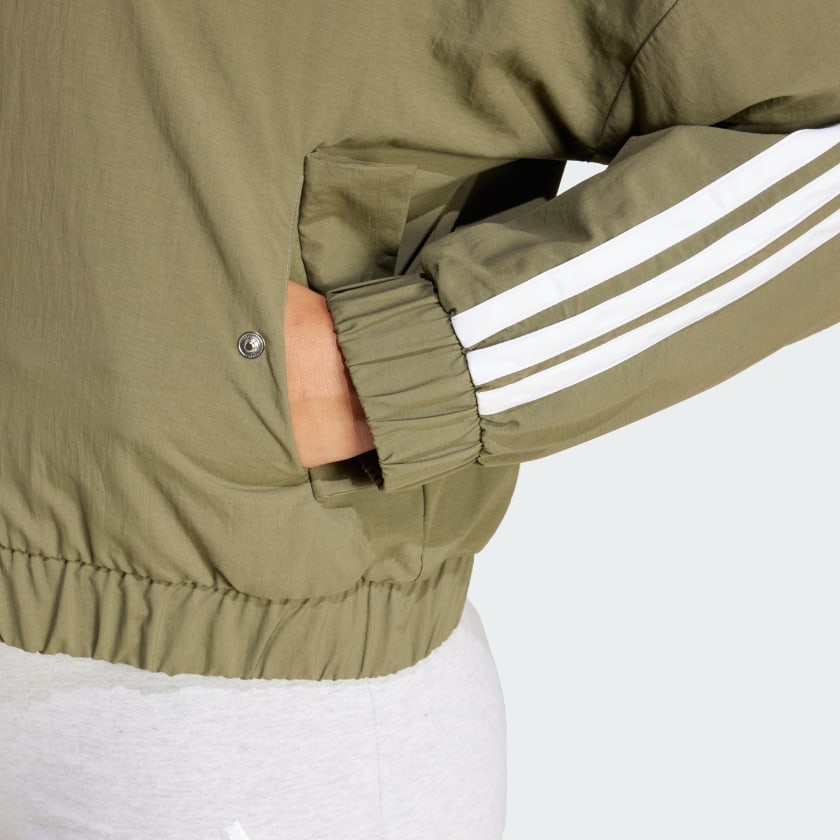 Женская куртка-бомбер Adidas Essentials 3-Stripes Lifestyle Woven, оливковый/белый — фото 4