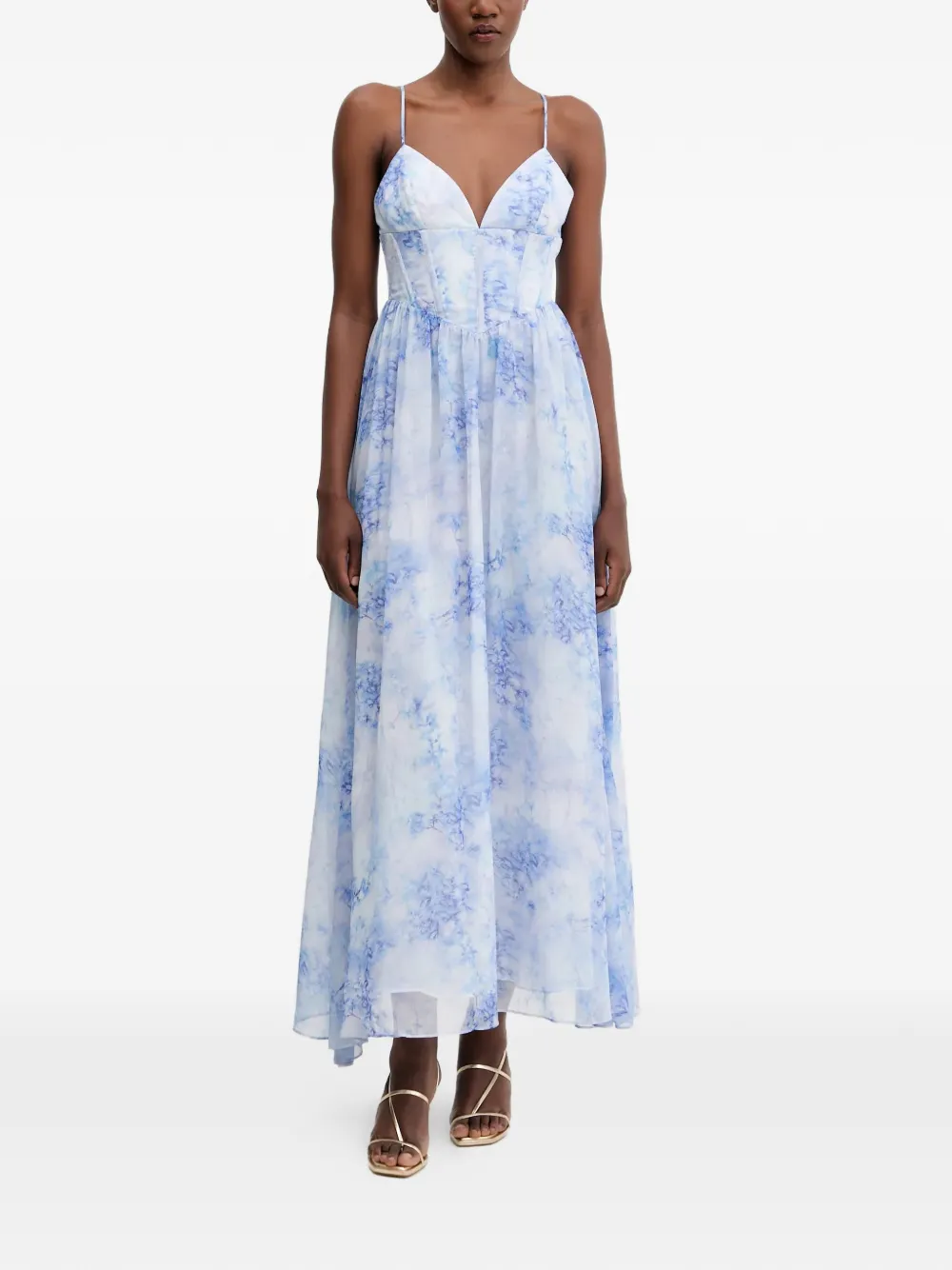 

Платье миди с цветочным принтом и V-образным вырезом Bardot, белый