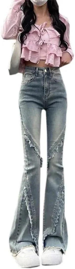 Женские облегающие расклешенные джинсы осень Horseshoe брюки Slim Fit с вставками Generic, синий — фото 4