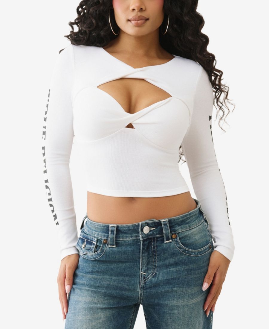 

Женская блузка с принтом в рубчик и вырезом-капелькой True Religion, Optic White