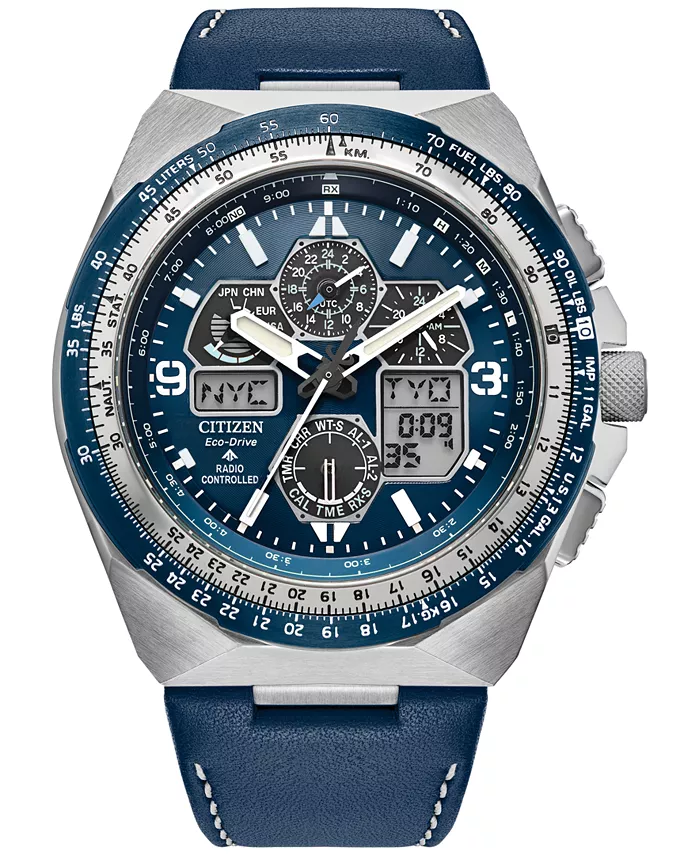 

Мужские часы Eco-Drive Chronograph Promaster Skyhawk с синим кожаным ремешком, 46 мм Citizen