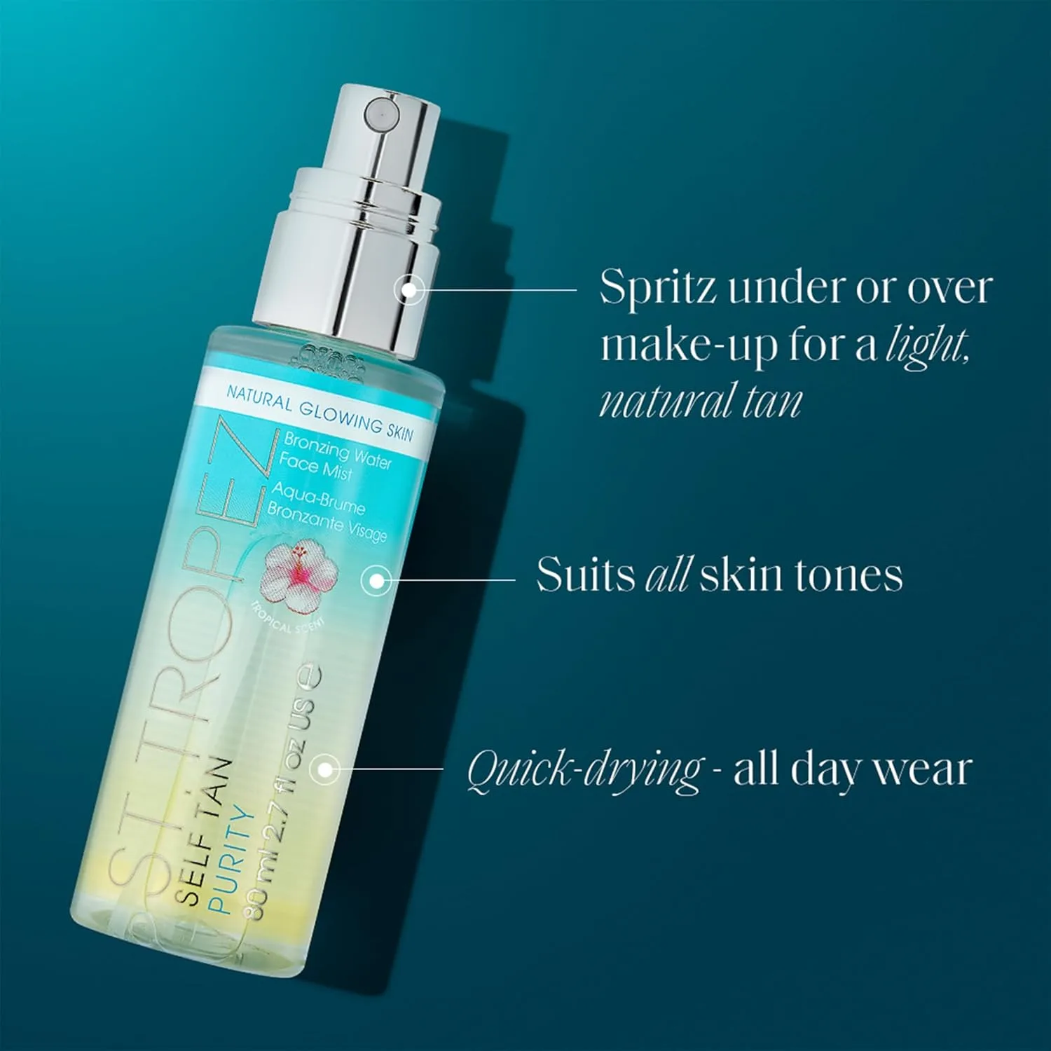 Спрей для лица St. Tropez Self Tan Purity Face Mist, натуральный эффект загара с гиалуроновой кислотой и антиоксидантами, веганский, натуральный, не тестируется на животных, 70 мл. 76.55 г (1 шт.) St.Tropez — фото 2
