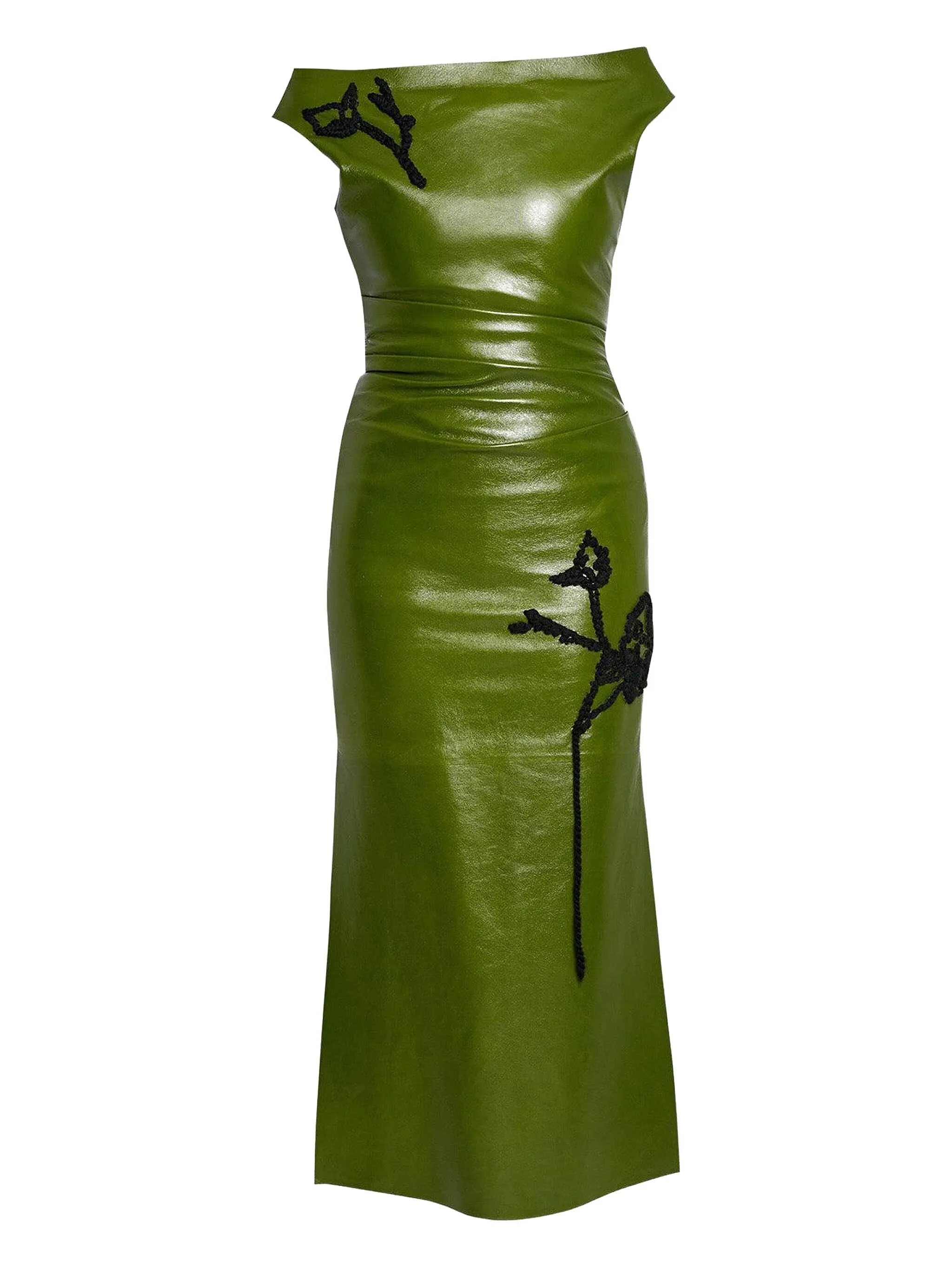 

Кожаное платье миди с вышивкой и открытыми плечами Erdem, зеленый
