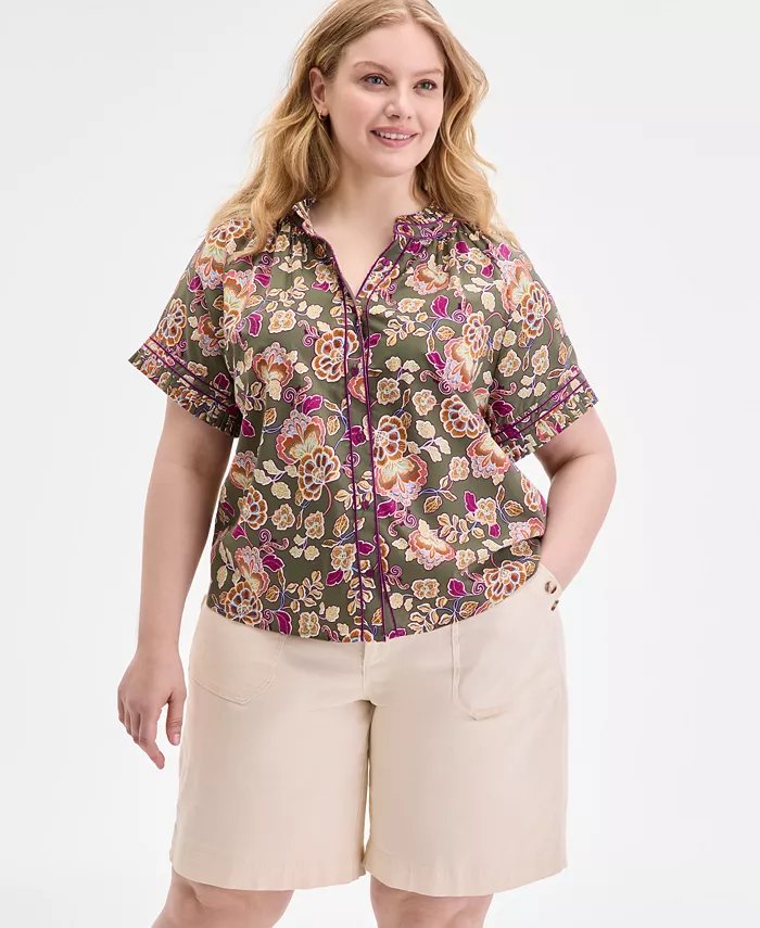 

Модная рубашка больших размеров с плиссированным воротником и отделкой окантовкой Democracy, зеленый