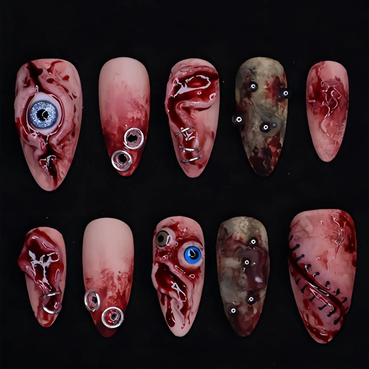 Накладные ногти GlamRays Halloween средней длины, миндалевидные, с дизайном «глазное яблоко и кровь» (30 шт.) Glamrays