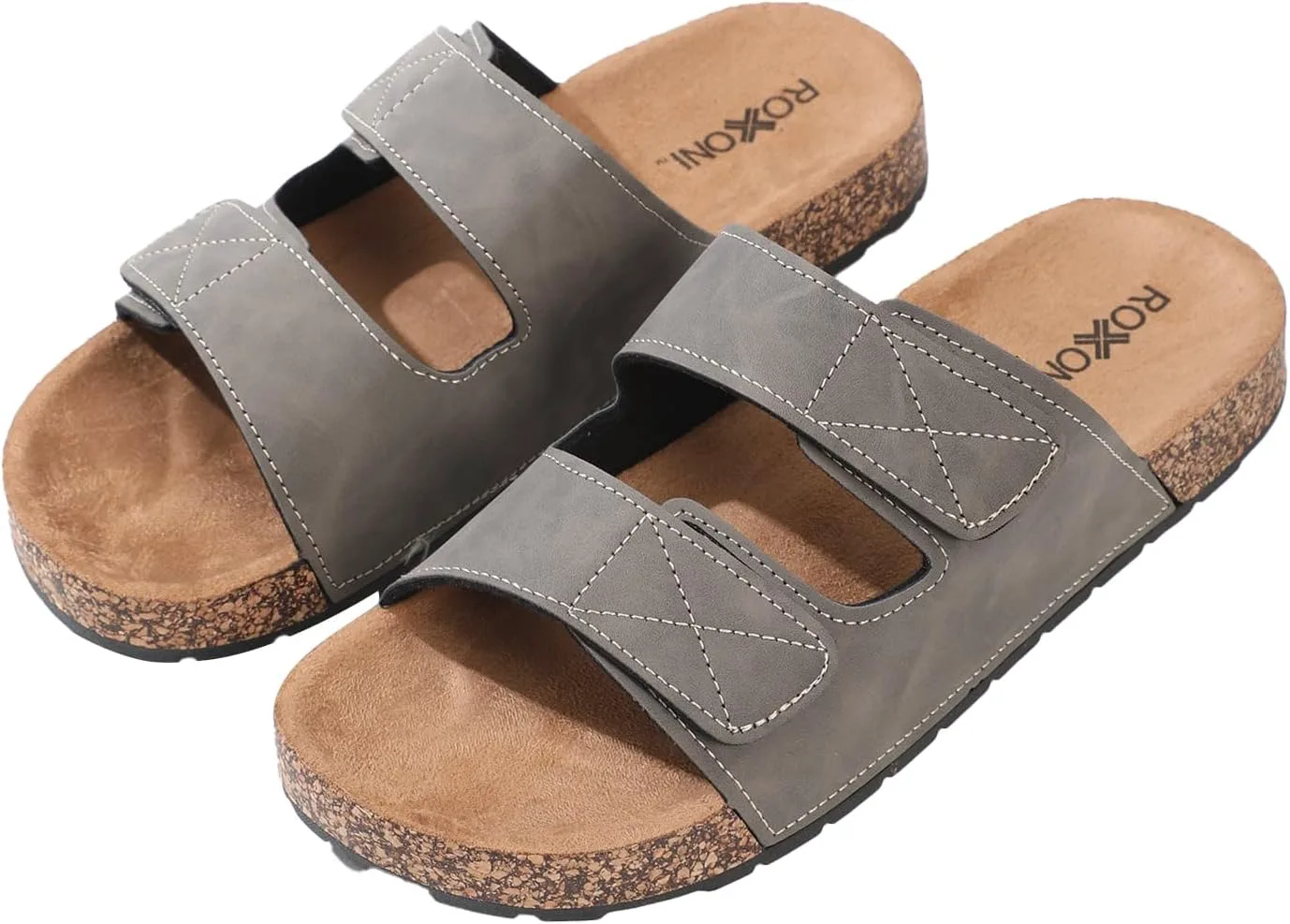 

Мужские сандалии Roxoni с двойными липучками, с отделкой из замши, формованной искусственной пробковой средней подошвой и резиновой подошвой EVA, серый