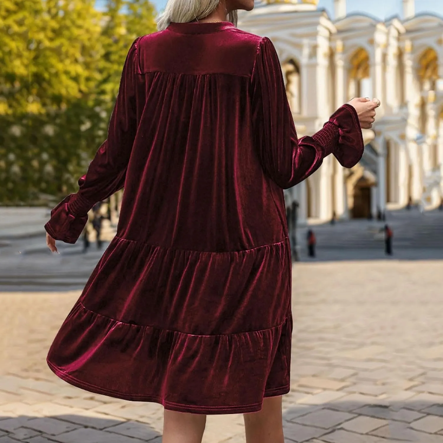 Женское элегантное бархатное платье с длинными рукавами, повседневное, осеннее, с V-образным вырезом, А-силуэтом, в стиле «бэбидолл», струящееся, для торжественных мероприятий, свадеб, вечеринок, мини-платье Generic, Wine — фото 3