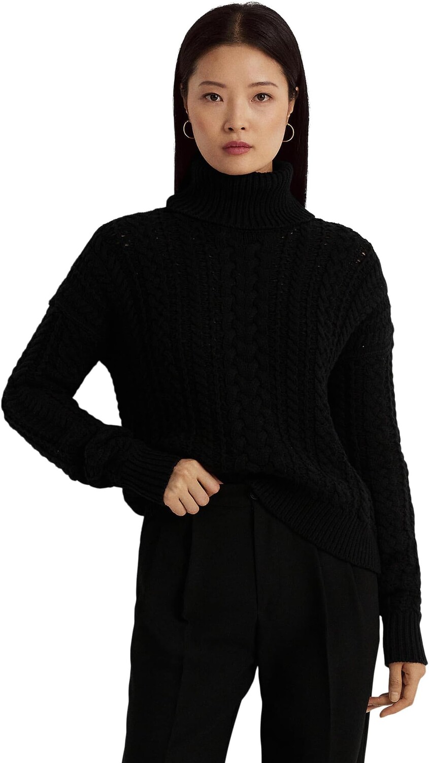 

Свитер Cable-Knit Cotton-Blend Turtleneck LAUREN Ralph Lauren, черный