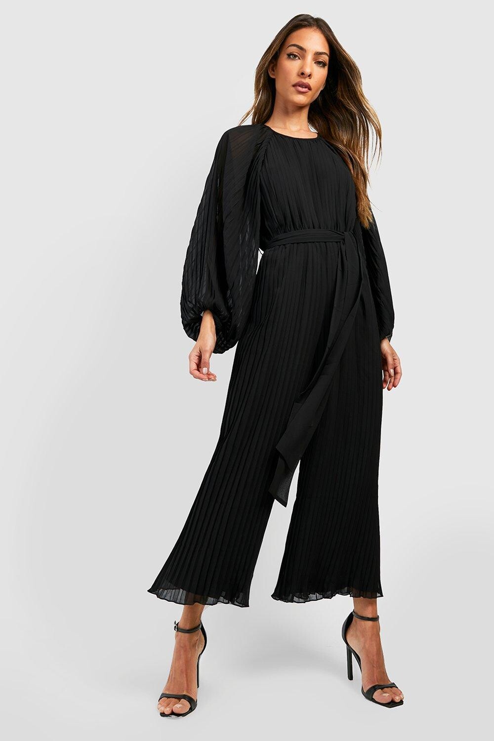 

Плиссированный комбинезон-кюлот с длинными рукавами Boohoo, черный