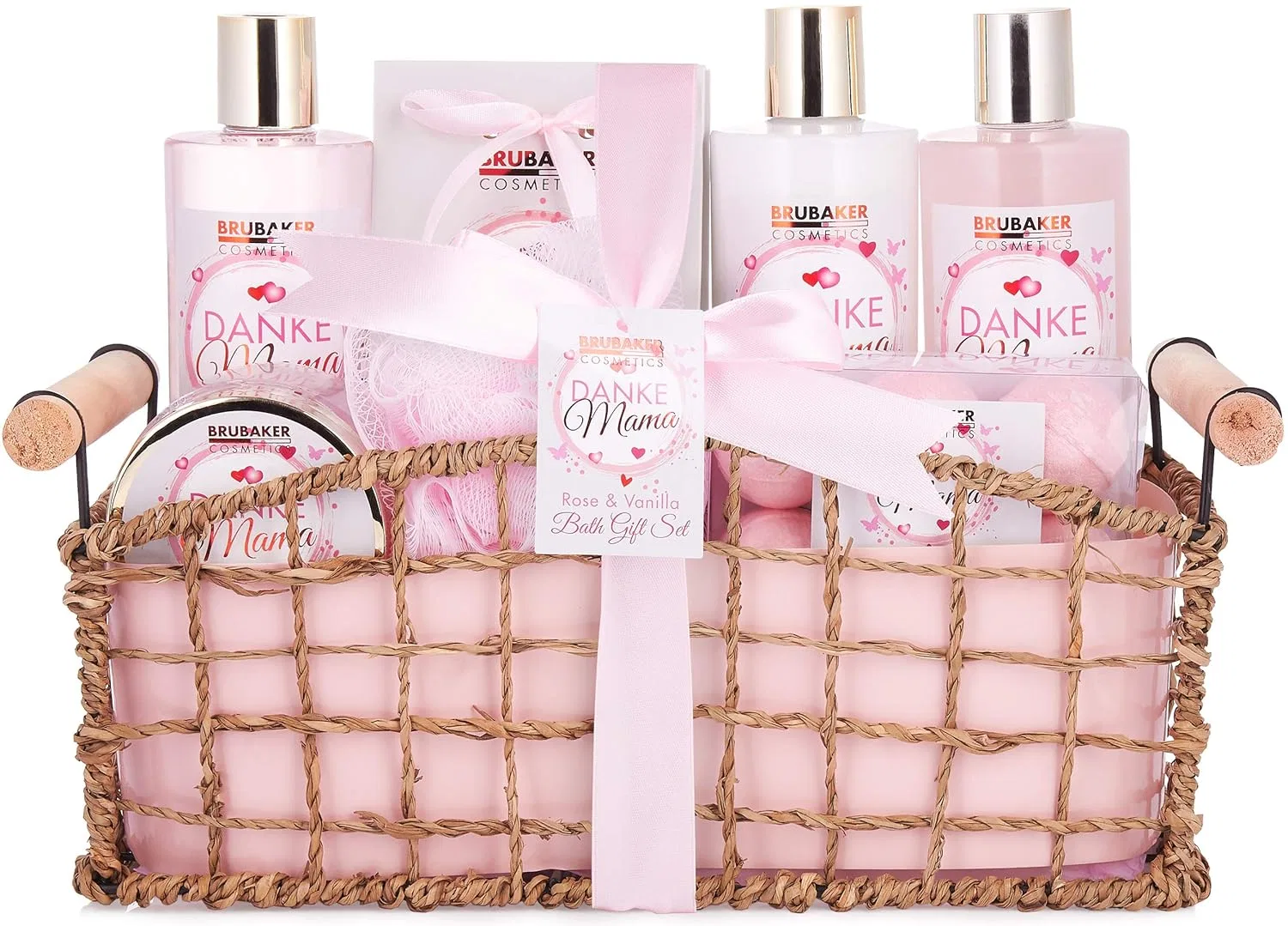 Подарочный набор для ванны и душа Brubaker Cosmetics Danke Mama, аромат розы и ванили Brubaker, Pink Gift Set In Decorative Basket