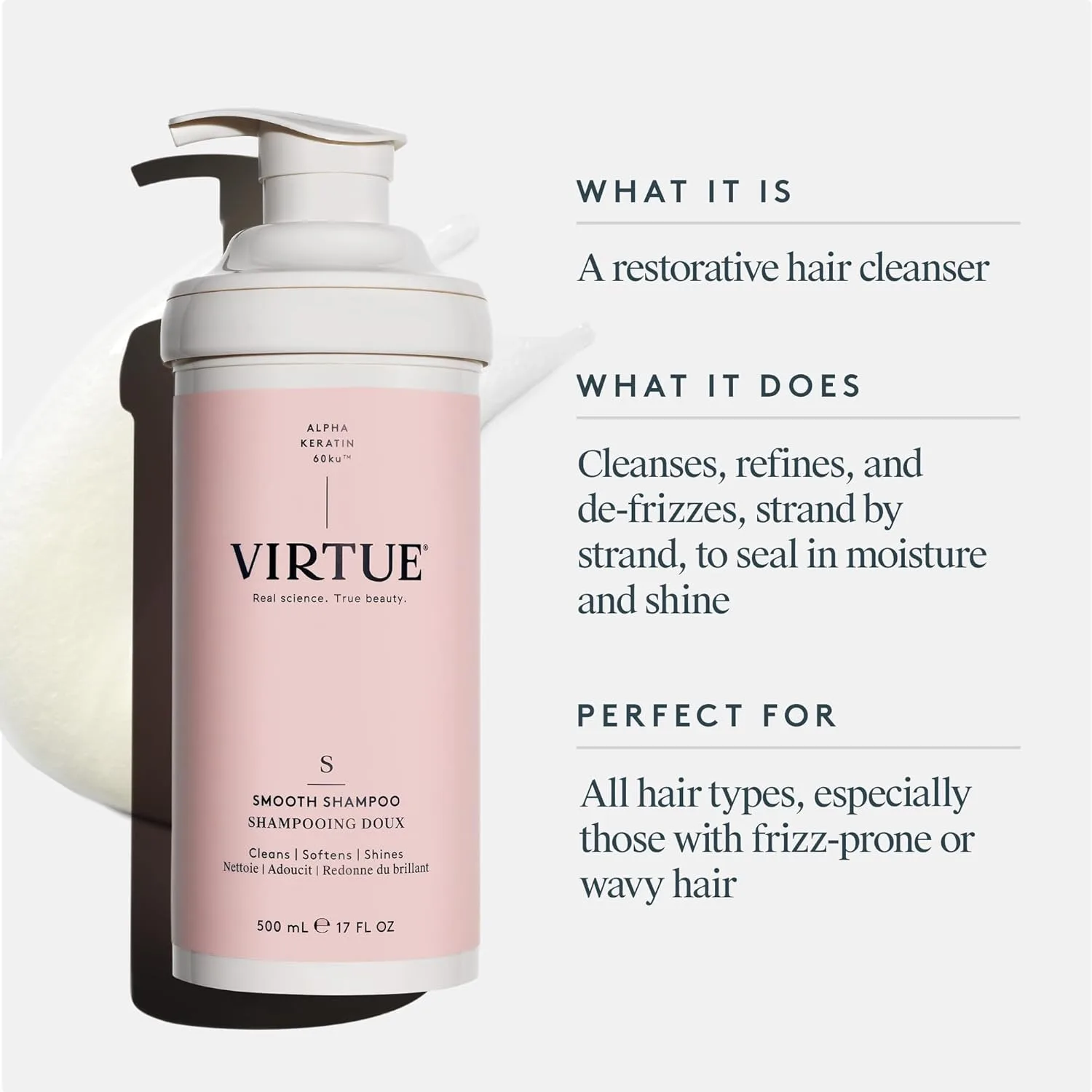 Шампунь VIRTUE Smooth без сульфатов для контроля пушистости кудрявых волос, безопасен для всех типов волос, подходит для окрашенных волос. 503 мл (.) — фото 2