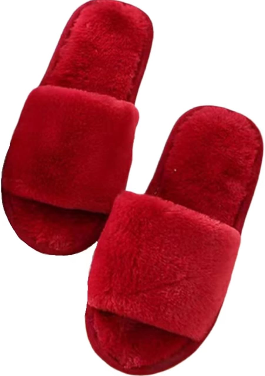 

Мужские и женские пушистые тапочки Классические мягкие плюшевые тапочки с открытым носком, памятью формы, удобные, теплые, прочные домашние тапочки с искусственным мехом для пары, с антискользящей подошвой, для дома, улицы и спальни Onlvye, крас...