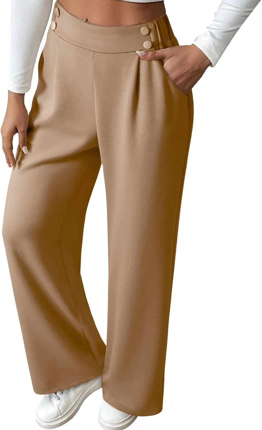 Рабочие брюки женские High Waisted Wide Leg Straight с эластичным поясом и двойной пуговицей, повседневные удобные брюки с карманами Generic, хаки