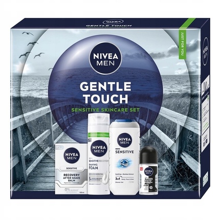 

Набор Men Gentle Skin Touch Sensitive Recovery Set: пена для бритья 200 мл, бальзам после бритья 100 мл, гель для душа 3-в-1 250 мл, роликовый антиперспирант Black & White Invisible Original 50 мл. Nivea