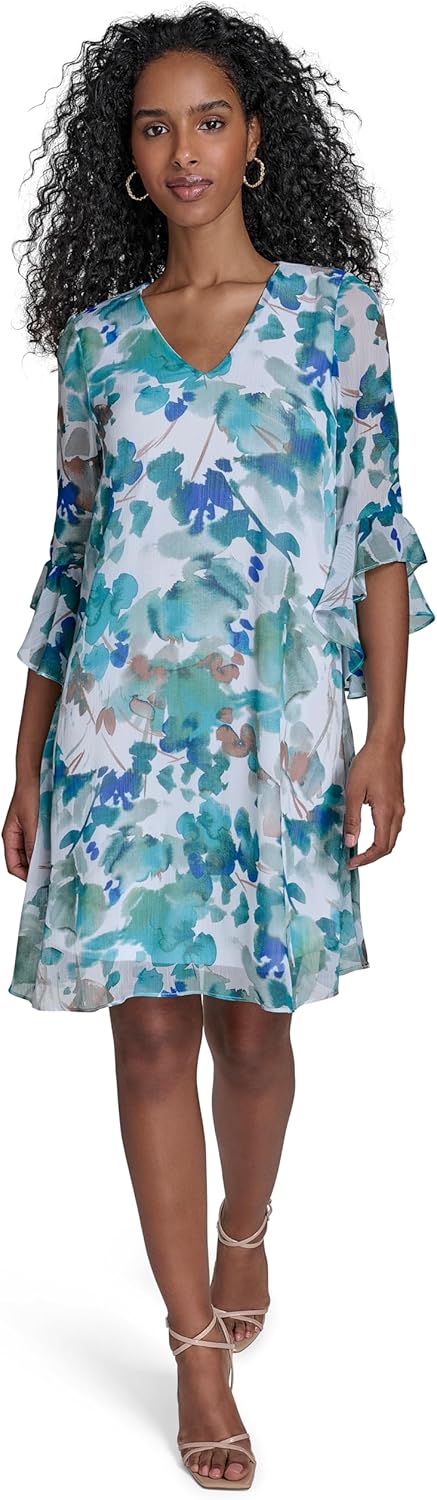 

Женское шифоновое платье-трапеция Calvin Klein с рукавами 3/4, Lake Multi