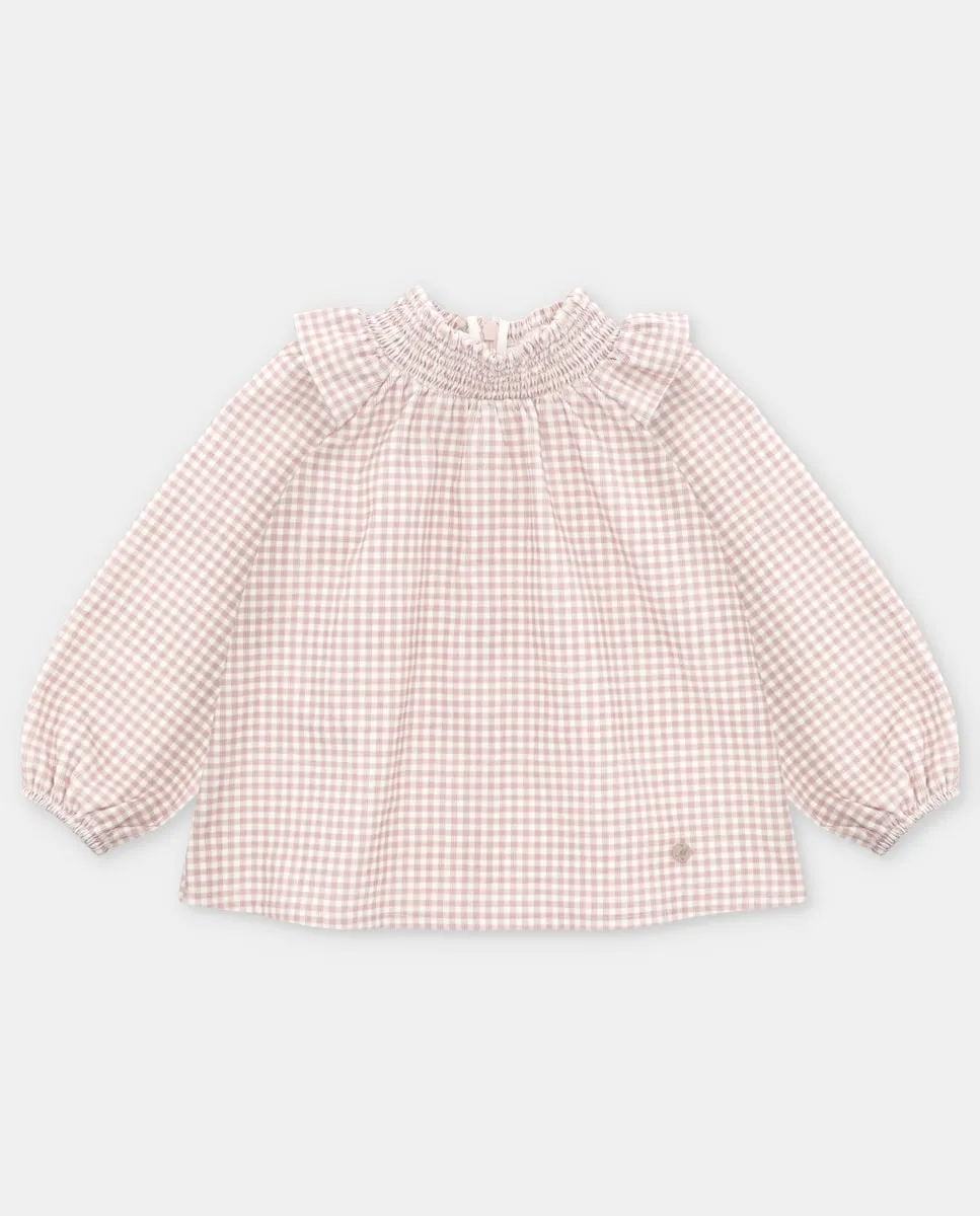 

Детская рубашка с мелким клетчатым принтом и сборчатым воротником, розовая Martín Aranda