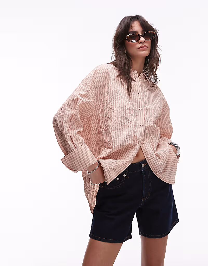 

Рубашка Topshop с жатой текстурой в полоску персикового и коричневого цветов