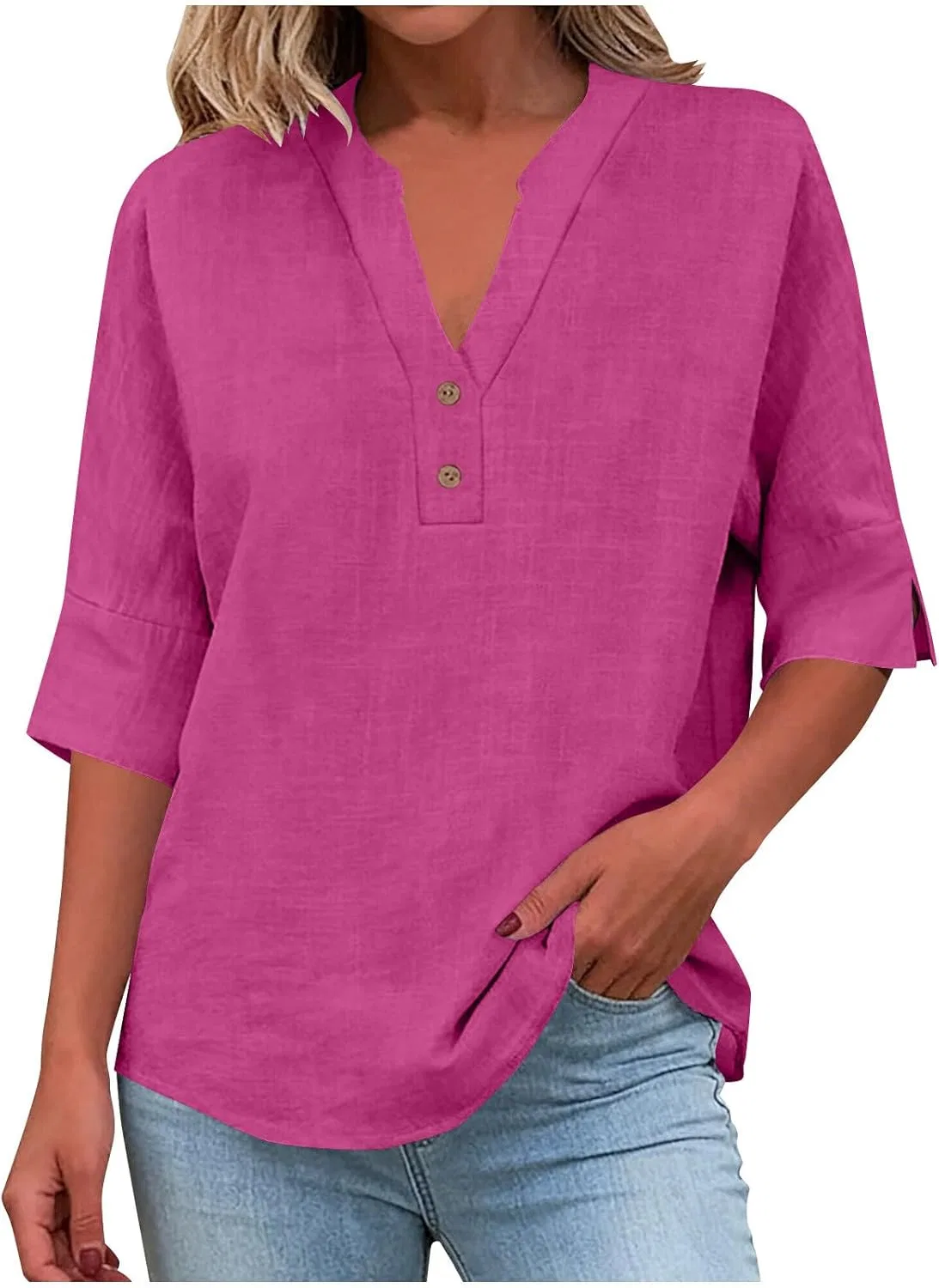 Блуза с V-образным вырезом, Cotton Linen, Hot Pink