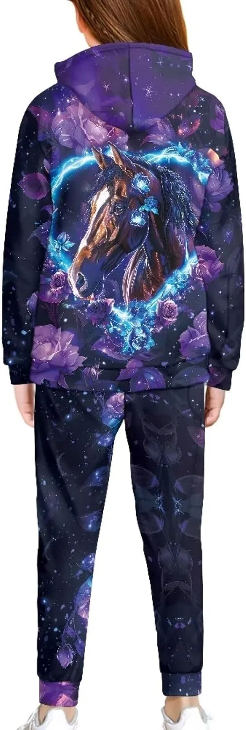 Детский спортивный костюм с принтом, Yuuxorilu, 2 предмета, Purple Horse With Purple Heart Printed — фото 2
