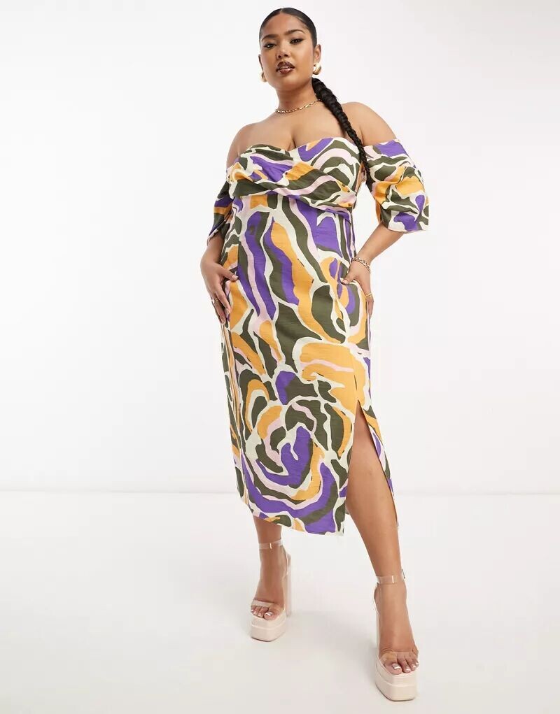 

Эксклюзивное платье миди с открытыми плечами ASOS DESIGN Curve с абстрактным принтом, складками и запахом на вырезе