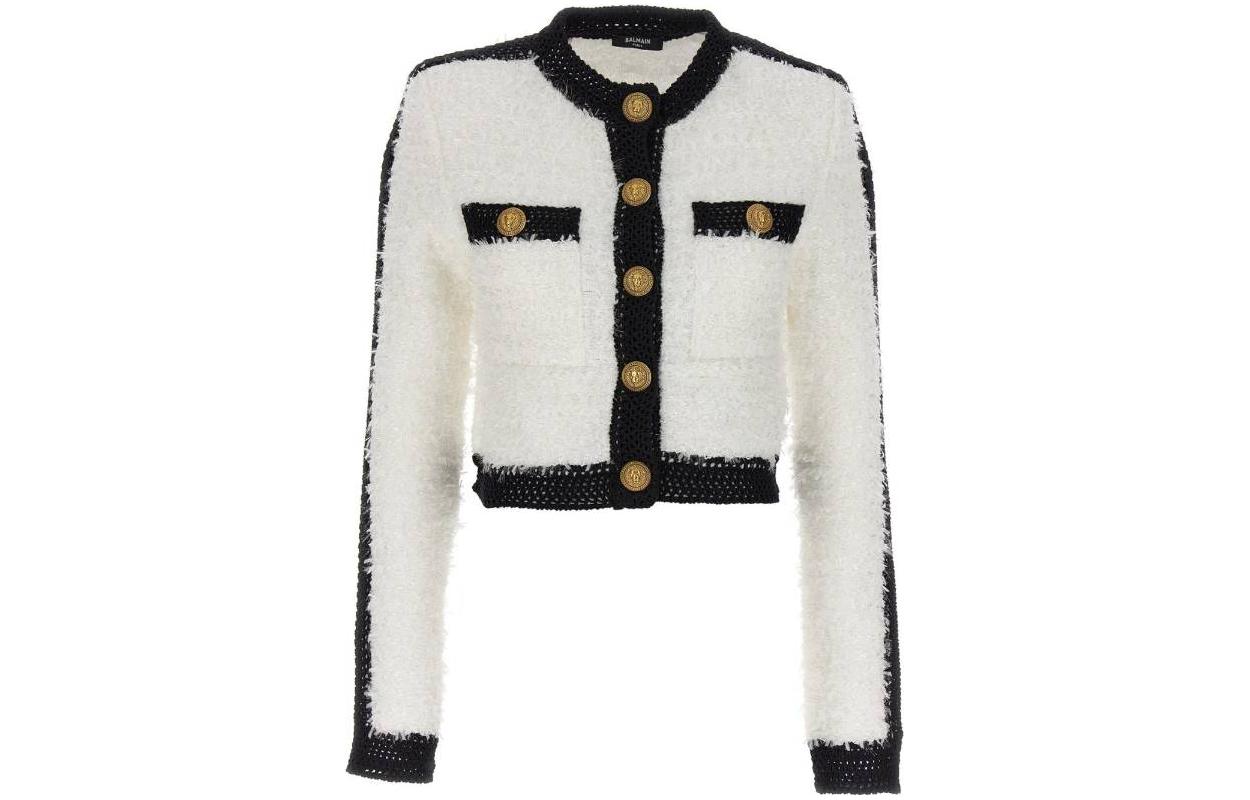 Приталенный укороченный твидовый жакет на пуговицах BALMAIN, белый — фото 3