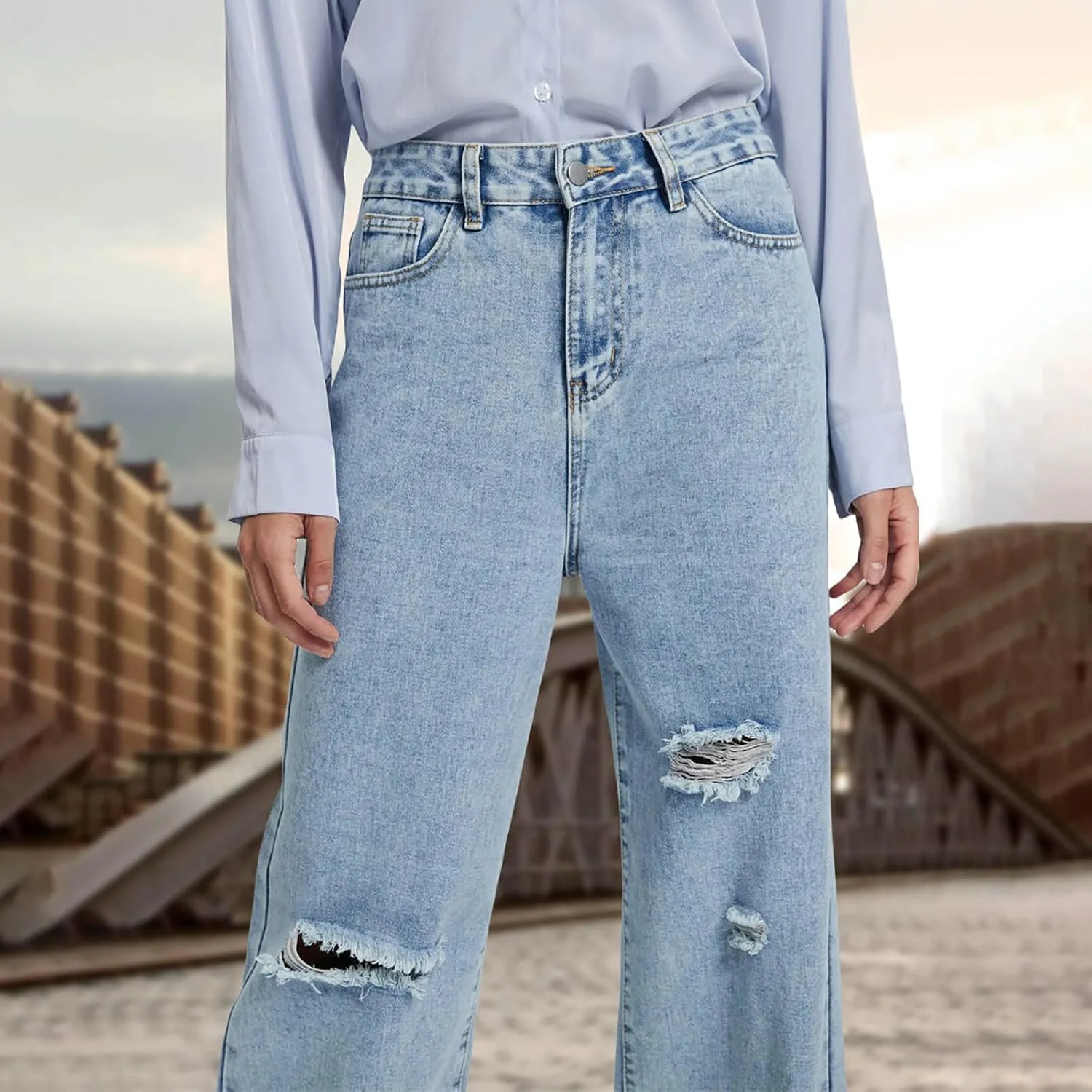 Женские рваные джинсы Mid Waisted Baggy Wide Leg — фото 3