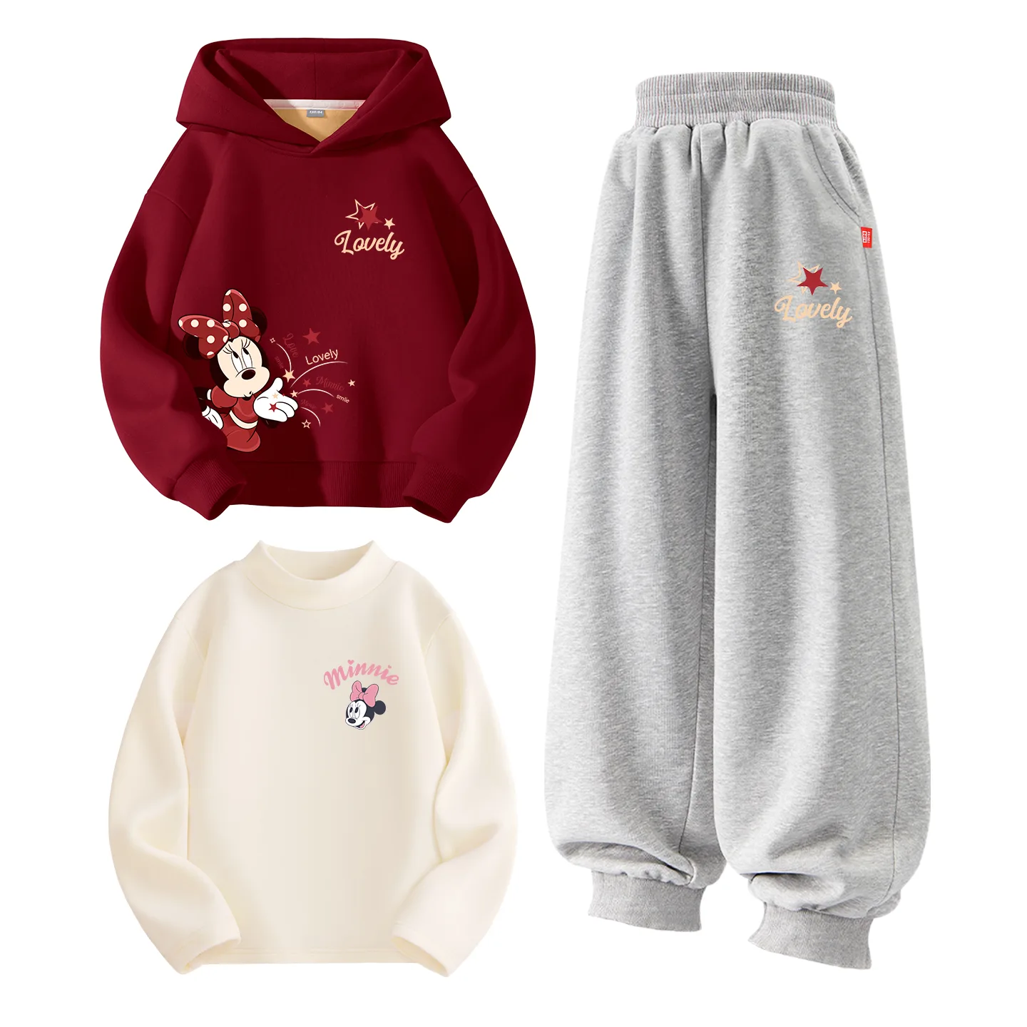 Детская повседневная худи с капюшоном Disney, [Thickened and Fleece-Lined Three-Piece Set]Diyanyeh Starlight K Burgundy+Diyi Starlight K Gray+Diyi Eyelid K Milk White