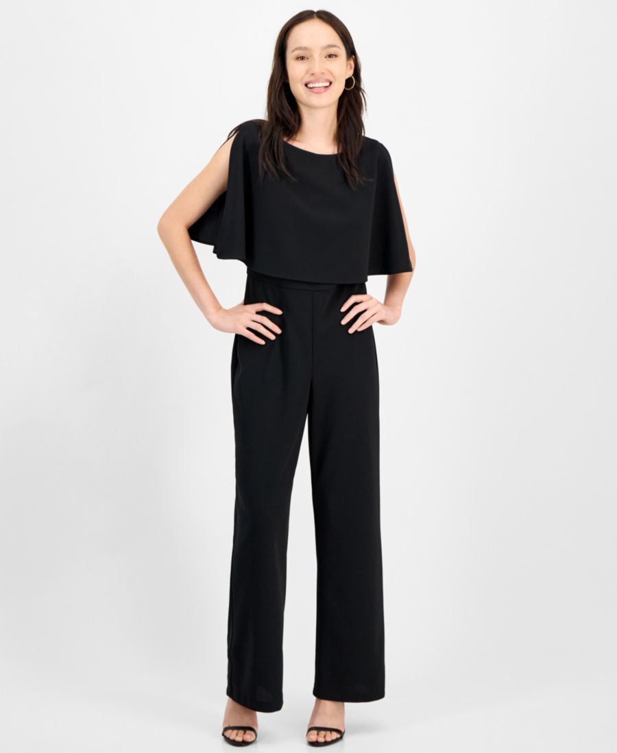 

Укороченный комбинезон с рукавами-кейпами, круглым вырезом и широкими штанинами Connected, Black