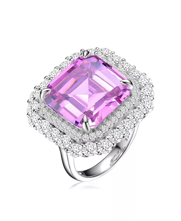 

Коктейльное кольцо из стерлингового серебра с покрытием из белого золота, розовыми фианитами ашер и прозрачными круглыми кубическими цирконами с двойным ореолом Genevive, pink