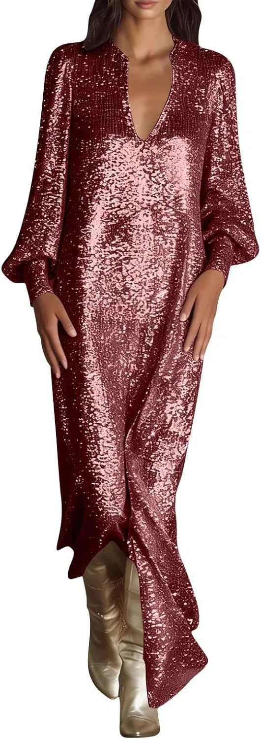 Платье макси с пайетками Women's Sequins V Neck Maxi Dress, Wine