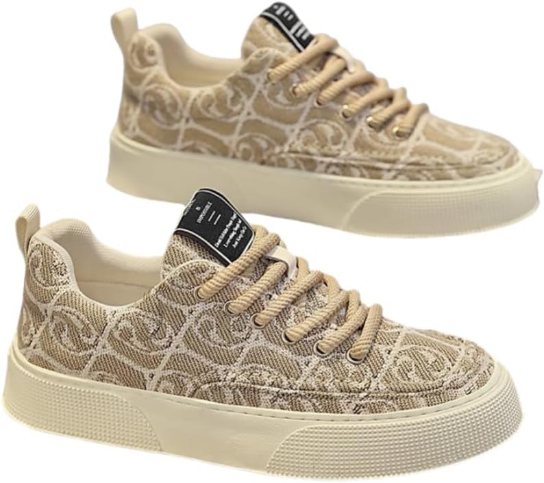 

Мужские низкие кеды из холщовой ткани - стильные и удобные, повседневная обувь с толстой резиновой подошвой и шнуровкой для повседневного ношения, походов и бега - бежевый и черный узор Fmshi