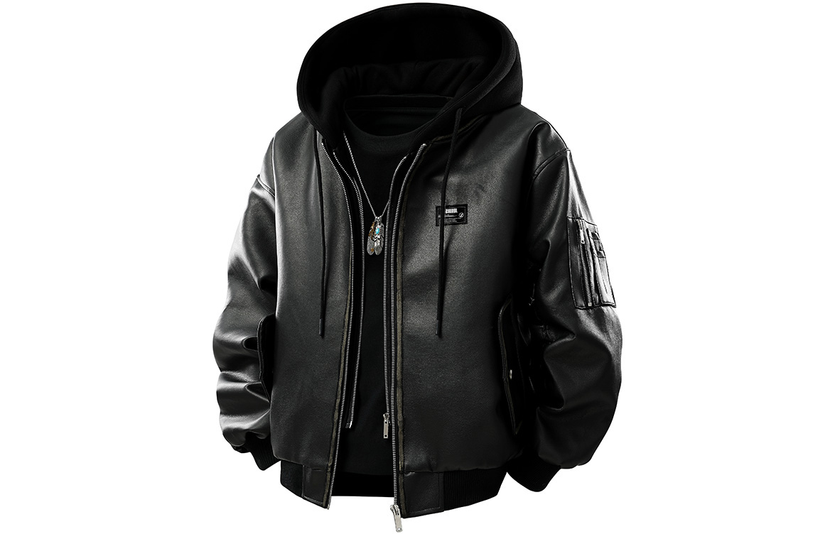 

ZIAREL Кожаная куртка Unisex Black с капюшоном и съемным логотипом Moderate