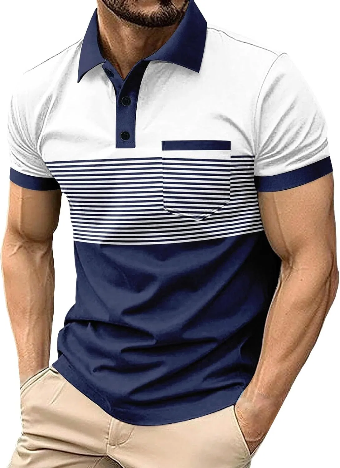 Мужское поло с полосками и цветовыми блоками, Slim Fit, с карманом, синее