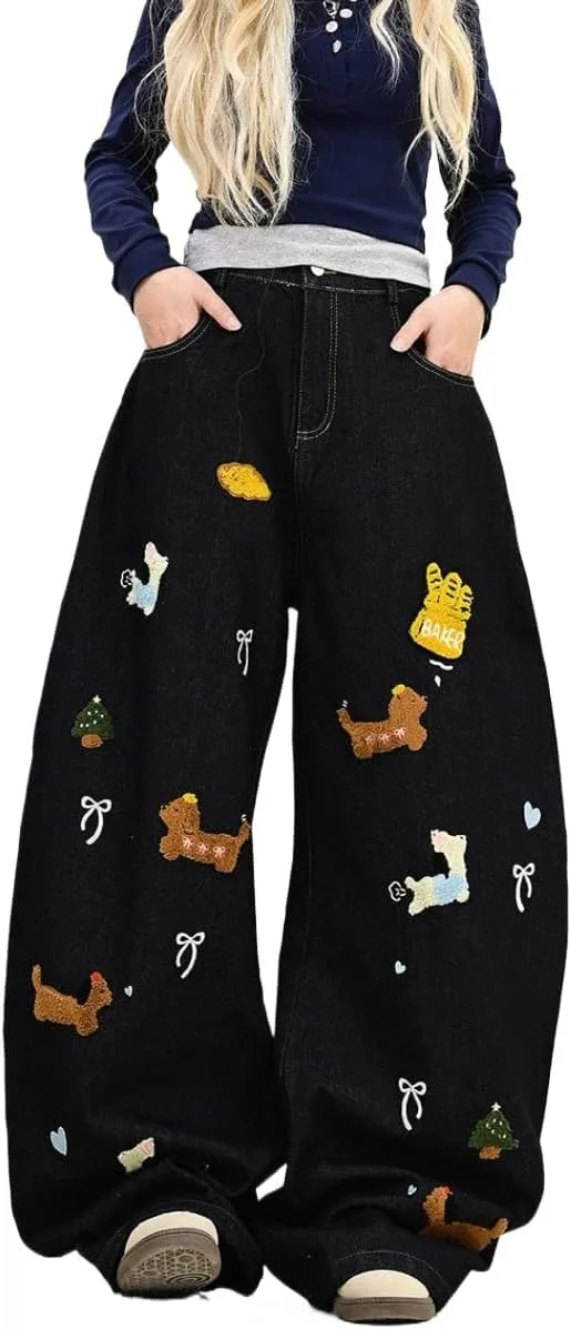 

Винтажные джинсы Y2K в стиле кавай с вышивкой щенка GYPWRCR