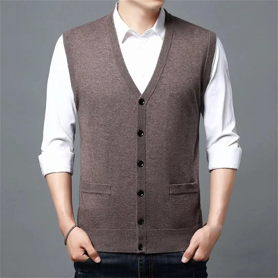 Мужской жилет из 100% кашемира, теплый, с V-образным вырезом, в стиле smart casual, без рукавов Generic, Coffee — фото 4
