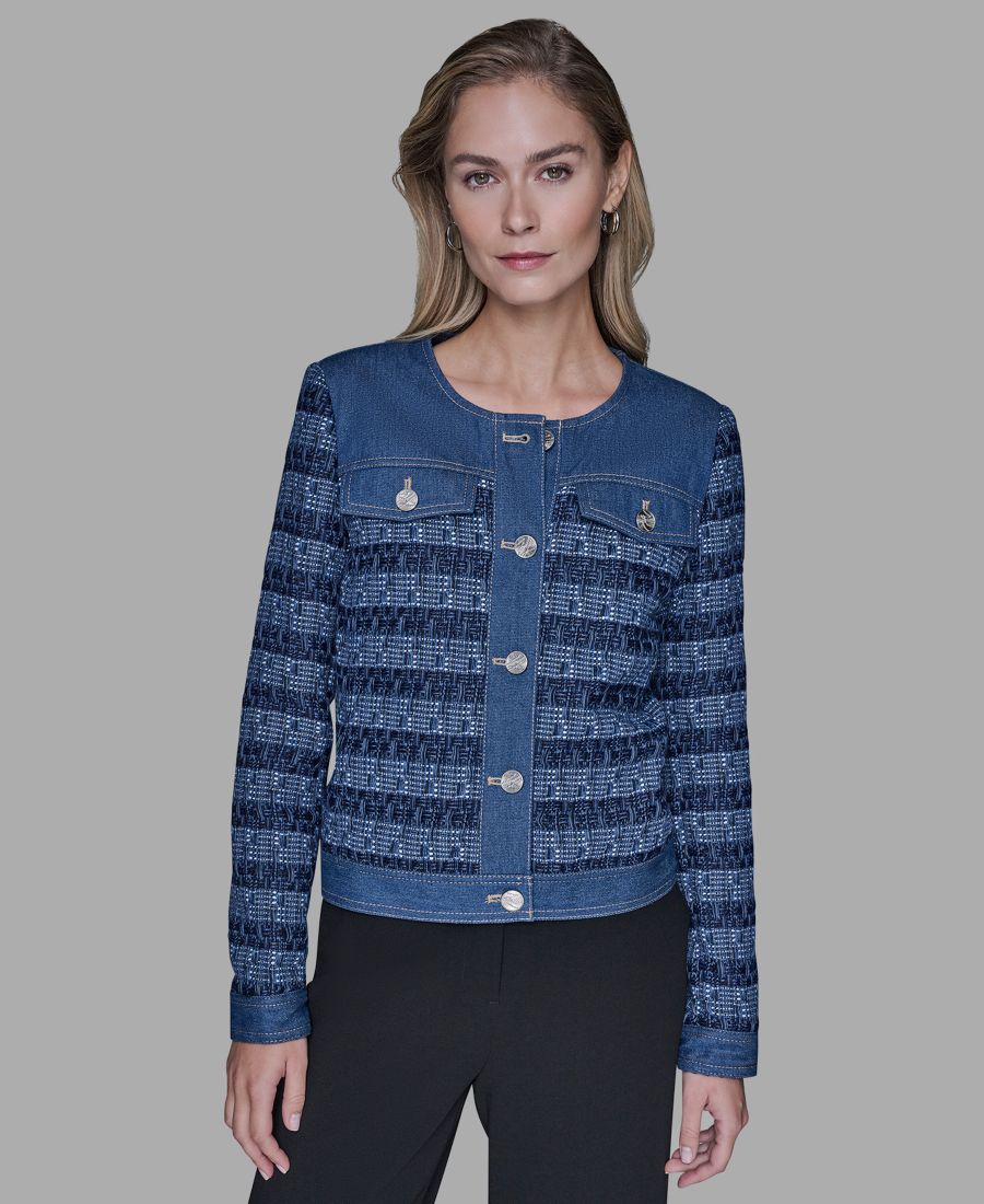 

Женская джинсовая твидовая куртка с круглым вырезом KARL LAGERFELD PARIS, Blu Aura/french Blue Multi