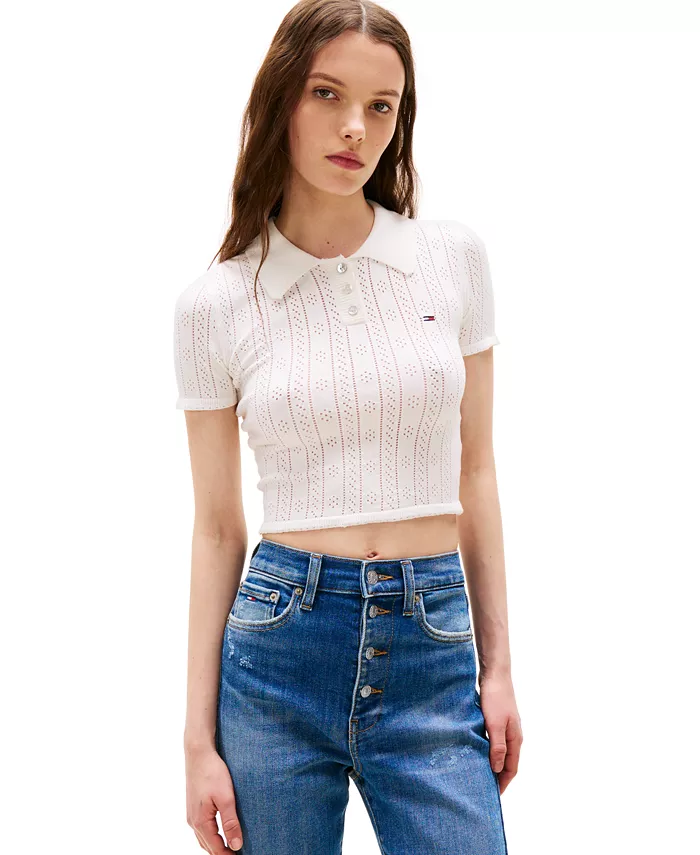 

Женский укороченный поло-свитер с ажурной вязкой Tommy Jeans, коричневый/бежевый