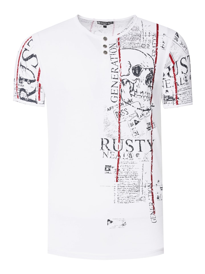 

Футболка Henley с планкой на пуговицах и принтами по бокам белого цвета Rusty Neal, Белый, Футболка Henley с планкой на пуговицах и принтами по бокам белого цвета Rusty Neal