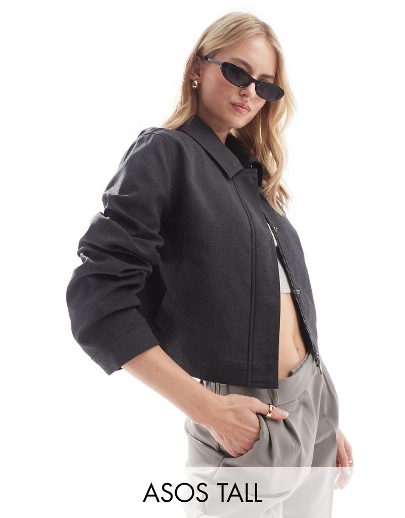 

Темно-серая строгая куртка с глубоким воротником ASOS Tall