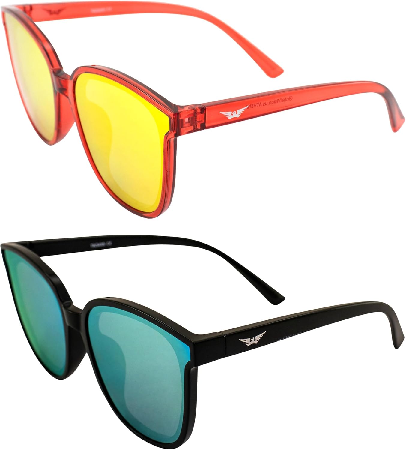 

Солнцезащитные очки Global Vision Eyewear Athena Fashion для женщин, 2 пары: оправа цвета «кристально-красный» с красными зеркальными линзами и черные с желтыми зеркальными линзами, Red-red/Black-yellow