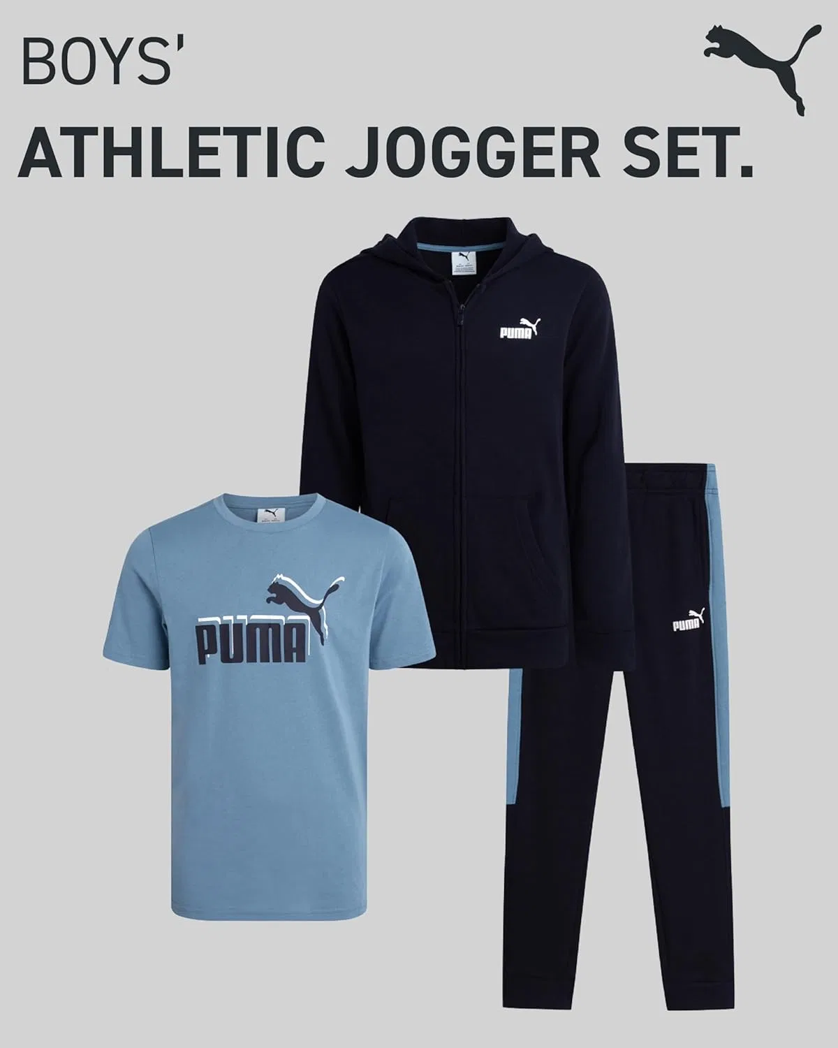 Детский спортивный костюм PUMA, 3 предмета: худи, футболка и джоггеры, Light Blue/Navy — фото 2