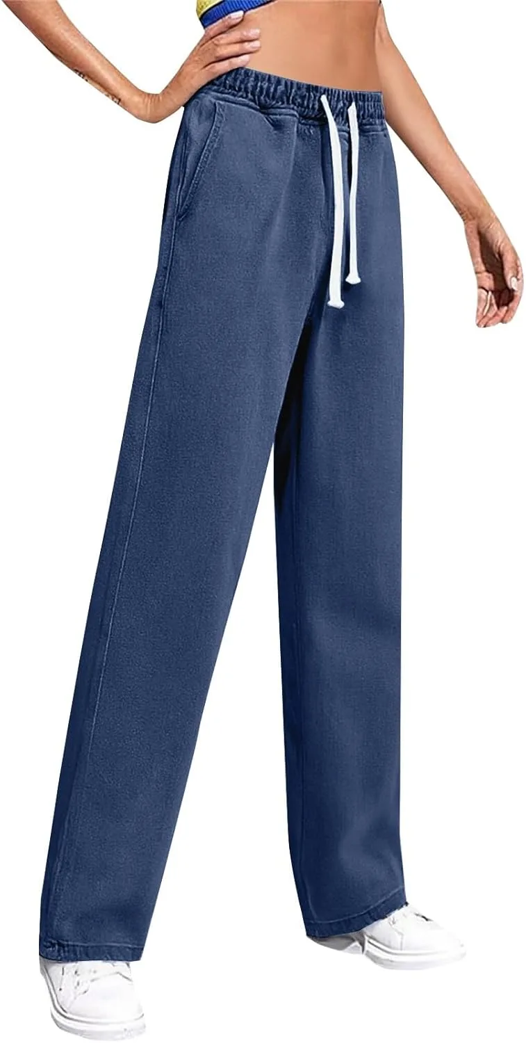 

Женские джинсы sweatpant широкие на высокой талии с эластичным поясом и карманами