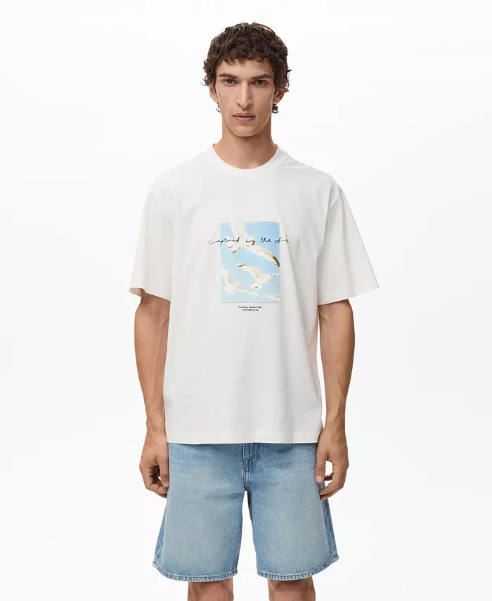 

Мужская футболка с принтом и аппликацией Mango, загар/бежевый