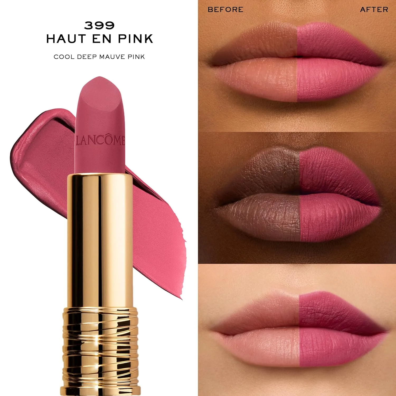Матовая помада Lancôme L'Absolu Rouge Drama, ультраматовое покрытие, 8-часовое покрытие, керамиды, гиалуроновая кислота, экстракт розы для увлажнения и комфорта, стойкая к размазыванию., 399 Haut En Pink — фото 3