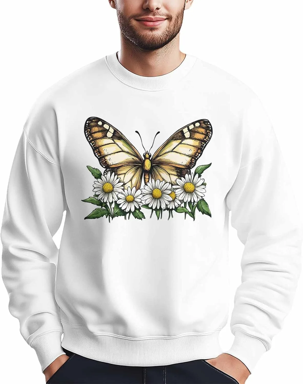 

Мужской свитшот с принтом бабочки и белой ромашки, Crewneck, Long Sleeve Winvebermior