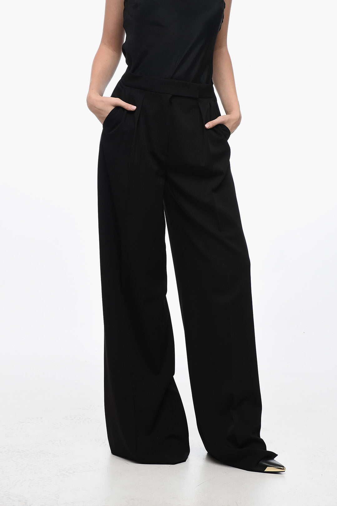 

Брюки-палаццо Max Mara Stretch Wool KARUB с атласной отделкой, черный