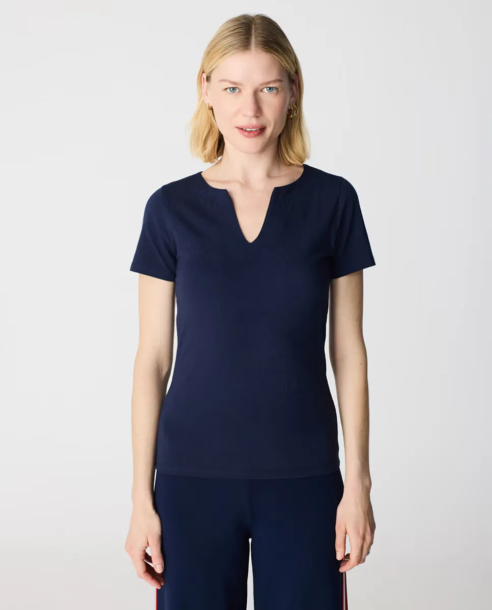 

Женская базовая футболка с воротником халаб и коротким рукавом Escorpion, темно-синий