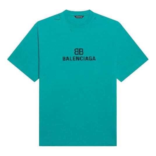 

Футболка Balenciaga Mosaic Logo BB Alphabet Loose Hole Distress Short Sleeve Unisex Blue, синий
