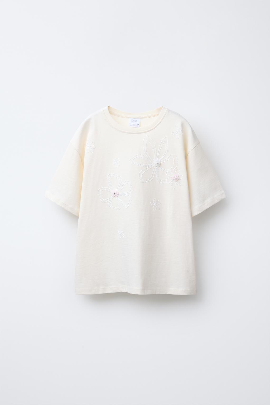 

Футболка с цветочным рисунком и аппликациями из бисера ZARA, экрю